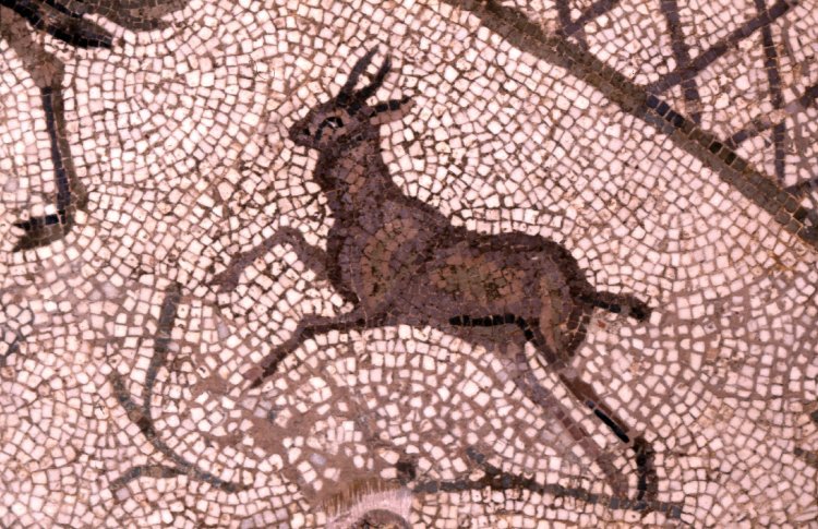 via-appia:  Semi-elliptical mosaic pavement from an apse, a hunt in marshlands Roman,