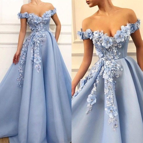 Off-the-shoulder Blue Flowers Prom Dress. Item code:IN0255 #promdresses #promdress #formaldress #201