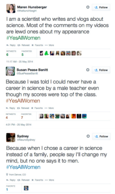 ohscience:  thescienceofreality:  #YesAllWomen tweets reveal persistent sexism in science By Fiona MacDonald via ScienceAlert. | Image Credit: First three images via ScienceAlert via Twitter, fourth image via Twitter.  Reading through the tweets on