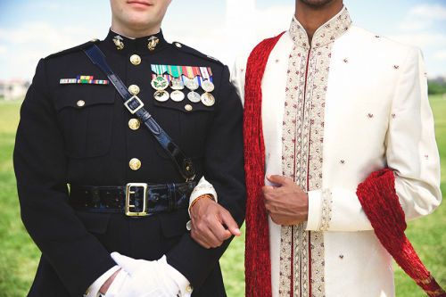 2015: (Same-sex) marriage between military veteran Justin and British-Indian Simon at the DC War Memorial - Justin in marine blue and Simon in traditional red and white Sherwani.Photographed by    Marisa Guzman-Aloia.