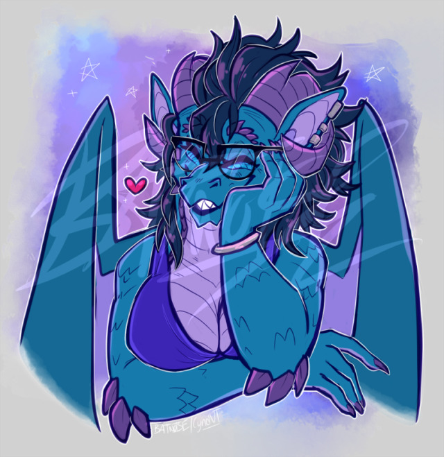 a bust shot illustration of a pretty blue and lavender anthropomorphic dragon lady against a space colored background. she has loose navy blue hair and curved purple horns that frame her face. she's wearing glasses and a blue dress. she rests her hand on her cheek and she sports a sweet, genuine toothy smile on her face with closed eyes.