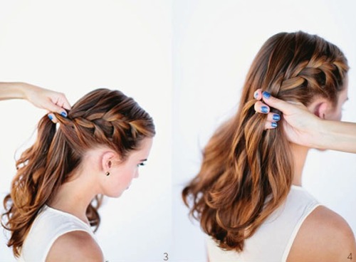 fuckyeahweddingideas:  Waterfall Braid Bun Tutorial via OnceWed 1. Part hair. 2. Grab a small section of hair. 3. & 4. Split into 3 parts. 5. Start French braiding, making sure to braid diagonally across the head. 6. Secure braid with a hair tie.