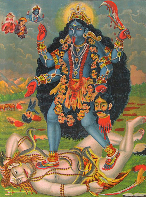 Colour lithograph of Kali, draped with a necklace of skulls, standing on Shiva circa 1895