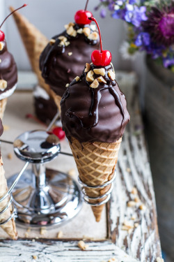 sweetoothgirl:  Hot Fudge Brownie and Double Scooped Ice Cream Sundae High Hat Cupcakes in a Cone  