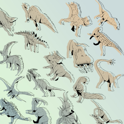 Dinosaur and their scaled silhouettes! :D In size order:Mamenchisaurus, Olorotitan, Spinophoros