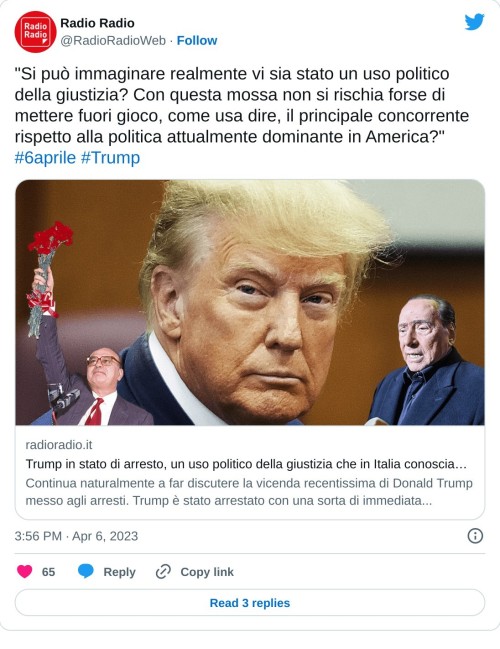 "Si può immaginare realmente vi sia stato un uso politico della giustizia? Con questa mossa non si rischia forse di mettere fuori gioco, come usa dire, il principale concorrente rispetto alla politica attualmente dominante in America?" #6aprile #Trump https://t.co/aLlPuDHahQ  — Radio Radio (@RadioRadioWeb) April 6, 2023