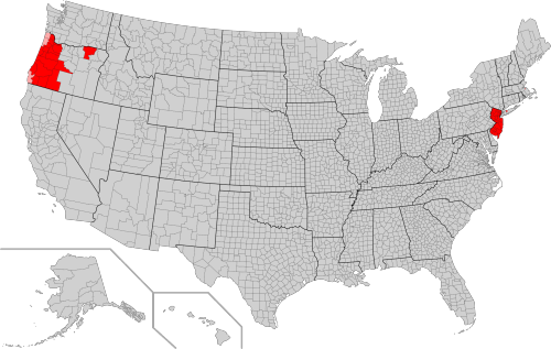 unterwaesche:mapsontheweb:  Parts of the country where self-service gas pumping is illegal.   I didn’t know about New Jersey’s law so imagine my shock when a pump jockey sprinted at my car and kicked my door shut when I tried to get out to get gas.