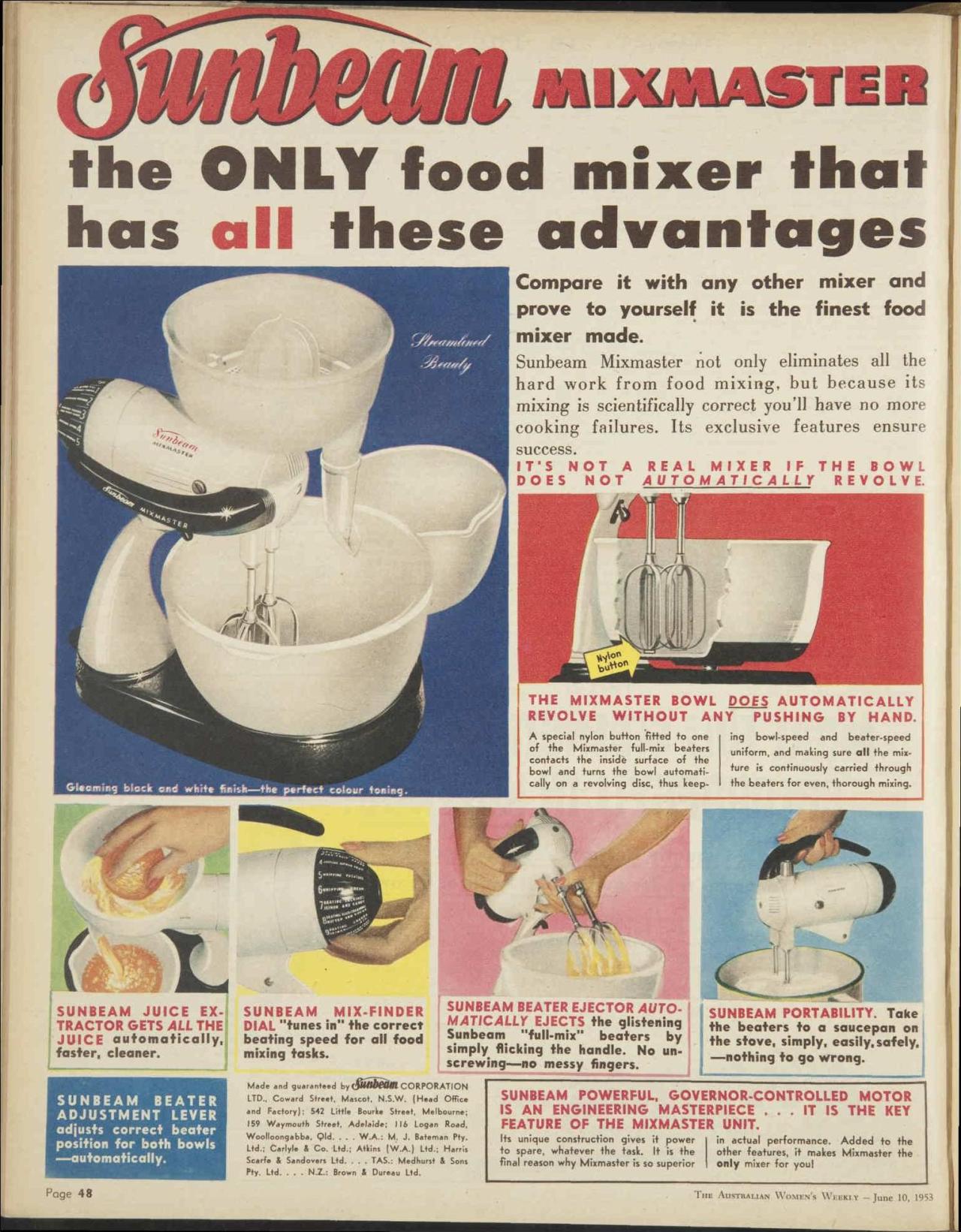 1952 Sunbeam Mixmaster Vintage Ad all these advantages