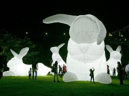 archiemcphee:
“These awesome illuminated inflatable white rabbits are the work of Australian artist Amanda Parer for an installation entitled Intrude. In May 2014 the giant glowing bunnies were installed at the Vivid Festival of Light Sydney and next...