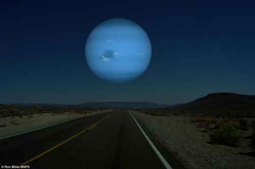 unexplained-events:  Former NASA art director Ron Miller created images of what the night sky would look like if the moon was replaced by the other planets in the solar system. 1. Moon ( Original photo taken over Death Valley, California.)2. Neptune3.