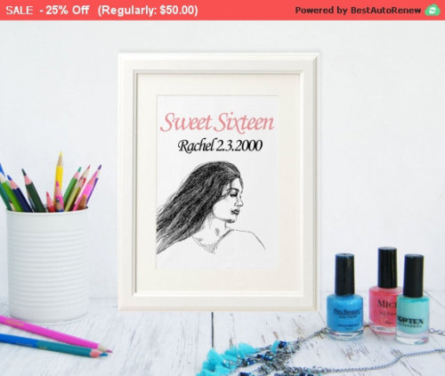 Custom girl portrait, Personalized teen, Sweet 16 decoration, Printable portrait, Bat mitzvah gift, 