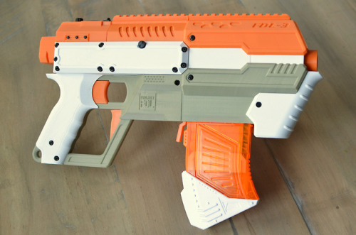 FDL-3 by Project FDLThis is a fully 3D-printed blaster that fires standard .50-caliber Nerf (or equi