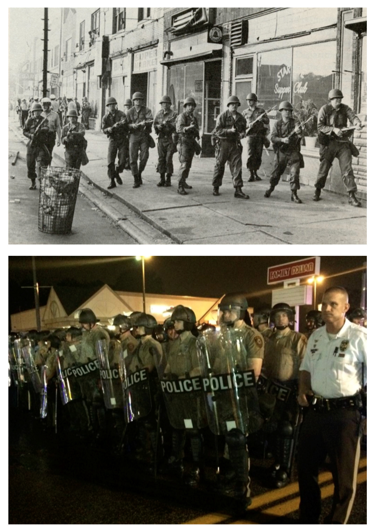 National Guard clears Linwood Avenue of Curfew Violators, Detroit, Michigan, July 23, 1967; Cops prepare to move in #ferguson, Missouri, August 16, 2014