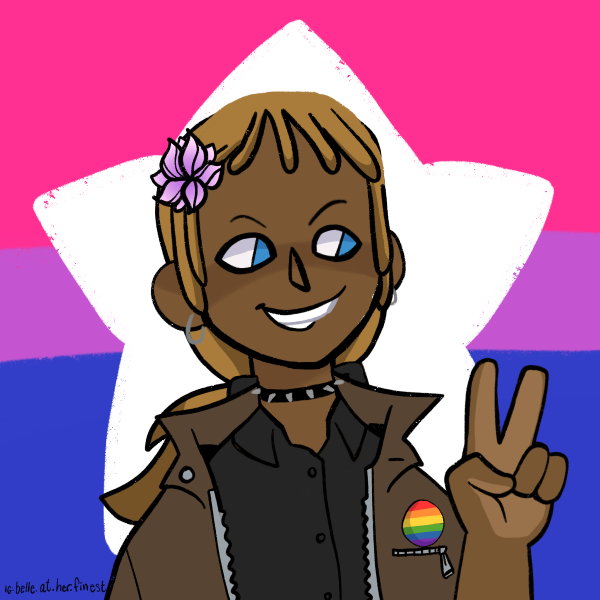 IMAGE ID: Klaver Gavin made with the Cool Kid Maker Picrew. He has long blond hair and brown skin, with a purple flower stuck in his hair. He is wearing a black shirt with the neck open, a black leather choker with silver spikes on it, and a grey jacket. He has a six colour rainbow pin on the jacket, and is standing in front of a bi pride flag.