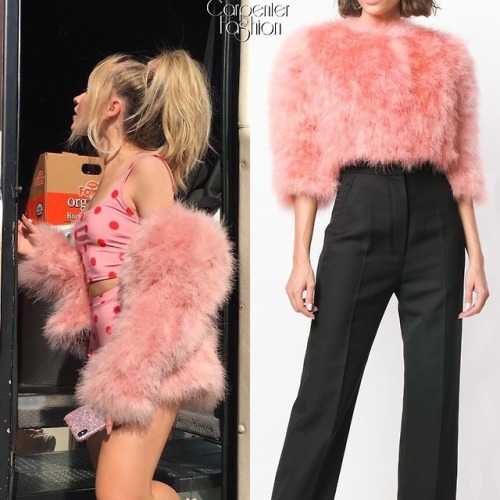 Sue Me Music Video. Sabrina Carpenter possibly wears the Alberta Ferretti ‘Cropped Feather Jacket’ (