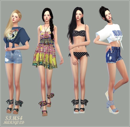 sims4-marigold:Summer Ribbon Wedge Heels &  Female_Combat Boots  & Tied Short Sleeves Crop