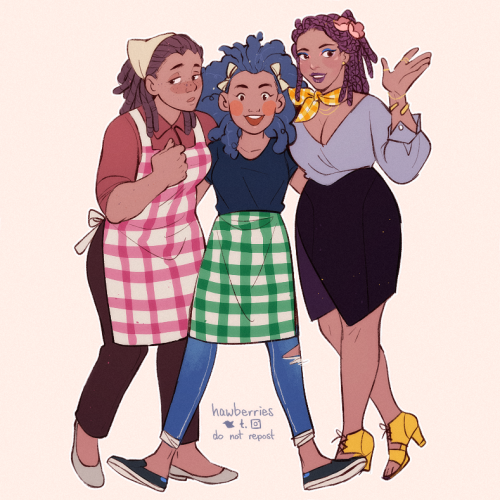 hawberries: the able sisters! [image is a drawing of sable, mabel and labelle as human women. mabel 