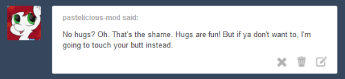 askbutdonthug:  [97 questions remain][6 posts behind] Congratulations, you’ve earned yourself a sexual harassment suit, Ms. Soft.  That’s not ok.((Guest appearance by: http://pastelicious-mod.tumblr.com/ ))  X3