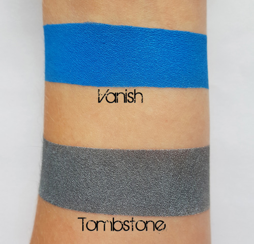 Vanish and Tombstone loose eyeshadow swatches.  Both shades are vegan and cruelty free.  Hand crafte