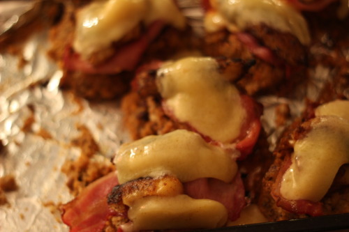 Sweet potato burgers with bacon, melted cheddar and chilli-fried banana.