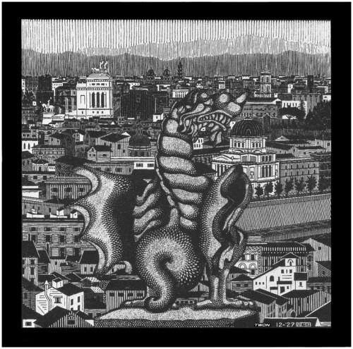 artist-mcescher:Rome and the Griffin of Borgheses, 1927, M.C. Escher