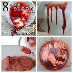 halloweencrafts:  8 Fake Blood Recipes from about.com. For more bloody DIYs and fake blood recipes go here. Easy to make realistic fake blood for any situation: Spray Bottle Blood - thin, can use for spraying clothes. Dark Thin Blood - smear on walls.