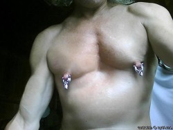 Apadravya-Piercing:  Intense Piercing With Heavy Hardware! Double Male Nipple Piercing