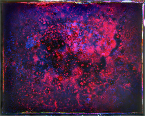 Caleb Charland, Blue and Red Sheets of Film Eaten by Bacteria, 2009