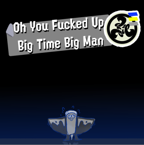 [ID: Bigman Alone On Stage In Fear. Above Him Is A Deep Cut Themed Title Card That Reads, "Oh You Fucked