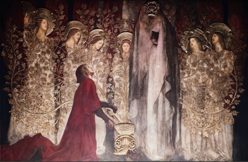 fleurdulys:The Arthurian Knight Sir Galahad Discovering the Fabled Holy Grail -Edwin Austin Abbey