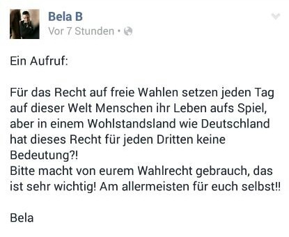 girlnamedjohnnycash:  banashee:  winterweltenwanderin:  Jawohl!  Bela for president!  Aus aktuellem Anlass, bewegt euch morgen in die Wahl-Lokale, Leute!!  Tumblr mal für ‘ne Stunde ausschalten und wählen gehen!