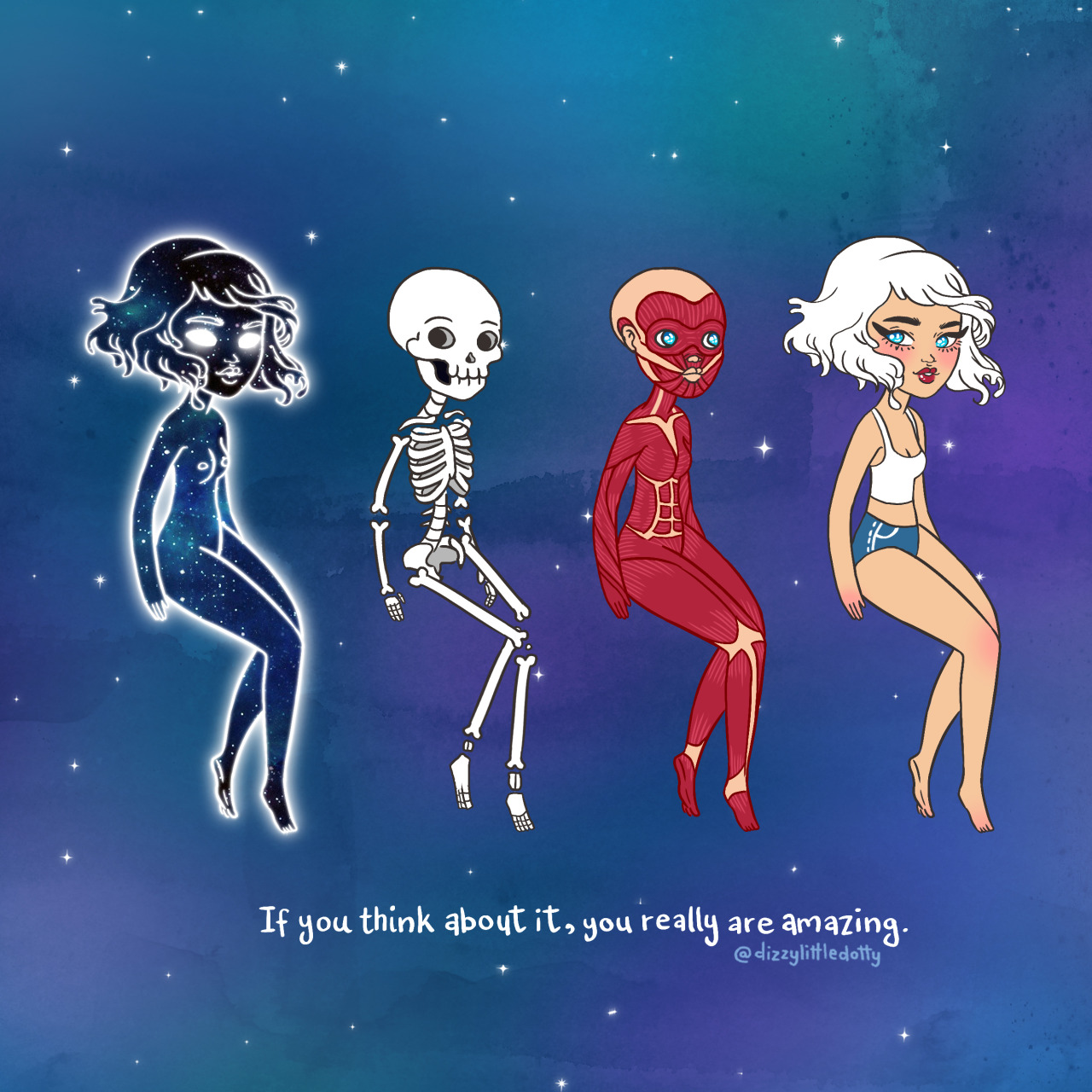 laurencarneyart:  You’re a ghost driving a meat coated skeleton made from stardust.