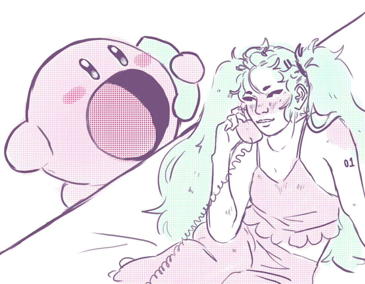 kirby and miku are best friends and they talk for hours about trans rights ok!! #miku#hatsune miku#kirby #kirby and the forgotten land  #kirby is referenced from that one kirby phonecall animation on youtube bc i could not possibly draw him cute or round enough alone