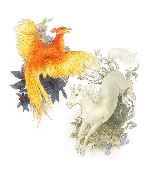 Unicorn and phoenix… realized they work together almost as a yin-yang motifUnicorn paired wit