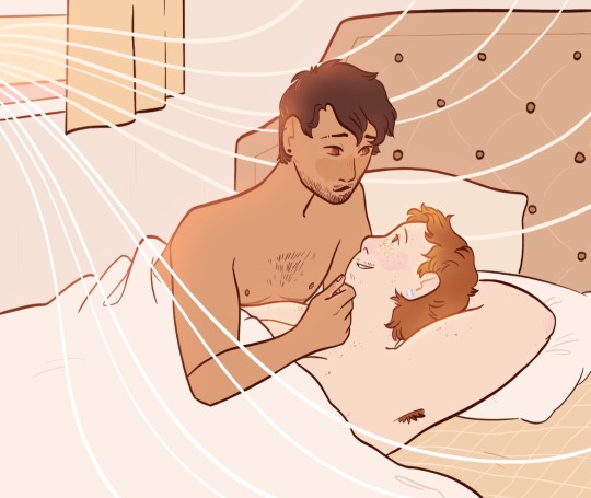 a drawing of tim and martin in bed together in the morning. they are both trans and shirtless, under a duvet. martin is smiling up at tim. tim's hand is on martin's chin.