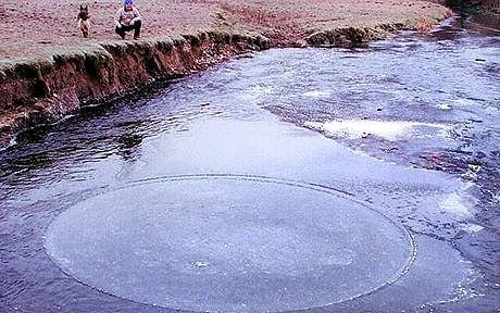 sixpenceee:  An ice circle is a natural phenomenon that occurs in slow moving water