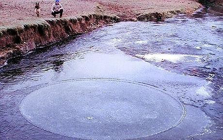 sixpenceee:  An ice circle is a natural phenomenon that occurs in slow moving water in cold climates. They are very rare and they rotate. They are formed when floating bits of ice get caught in an eddy (a whirlpool) and start spinning in a circle. 