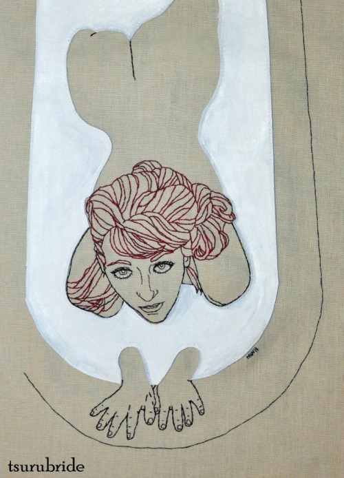 tsurubride:  Milk (based on a photo of Kate Sweeney by Tsurufoto) embroidery & hand painted leather applique on linen 