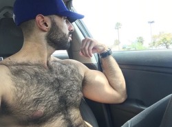 rachiflex: beardburnme: armandojcarreras Instagram  Driving shirtless. :) 👍 #teamhairychest 