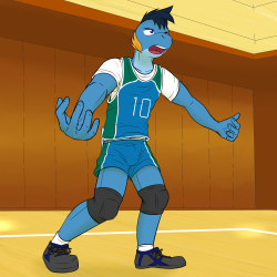 Pokeballers 2: Volleyball Boy MudkipDak, the mudkip, is an enthusiastic and wild player, except he has no real discipline, and as such, has very poor technique.  He makes up for it with stamina though.  I’ve run out of character art sheets to reference,