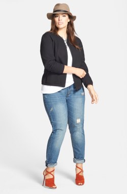 curveappeal:  Ashley Graham for Nordstrom36 inch bust, 34 inch waist, 47 inch hips Elbow Sleeve Tee and City Chic Distressed Boyfriend Jeans Shawl Collard Jacket, Colorblocked Tunic and Leggings City Chic Faux Leather Jacket, Heart Tee and Boyfriend Jeans