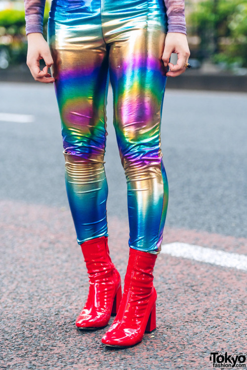 17-year-old Japanese student Runa on the street in Harajuku wearing a graphic top by Nodress with be