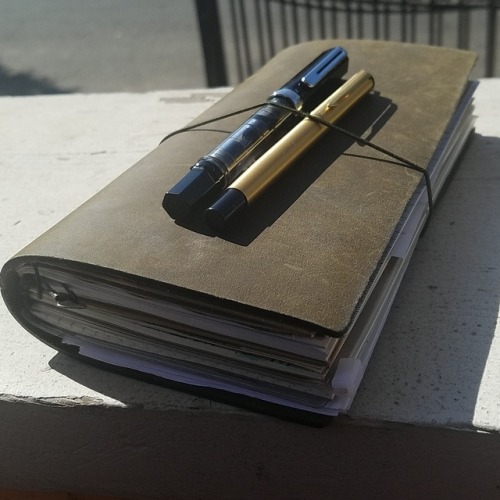 My current carry. Travelers Notebook in Olive, Parker Vector in Gold (Diamine Oxblood), and Twsbi Ec