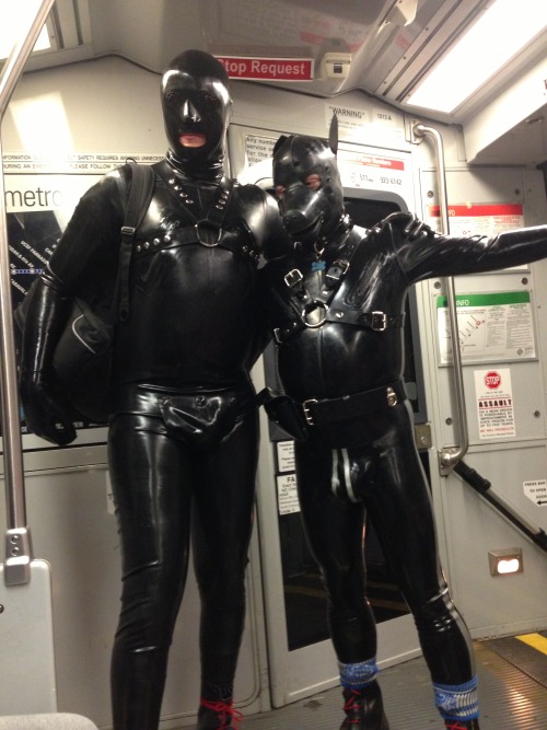 cyclespup:  Only a couple of cities in the world I would ever venture out in full rubber,  San Francisco being one.  On our way to Dore Alley, 2013. 