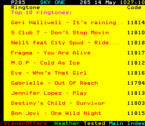 Nokia ringtones teletext ads from 2001, recovered by the teletext archeologist.