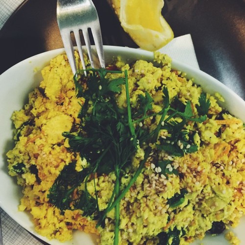 Yellow vibrant uplifting warm organic tofu scramble! “Wonderful things unfold before me”
