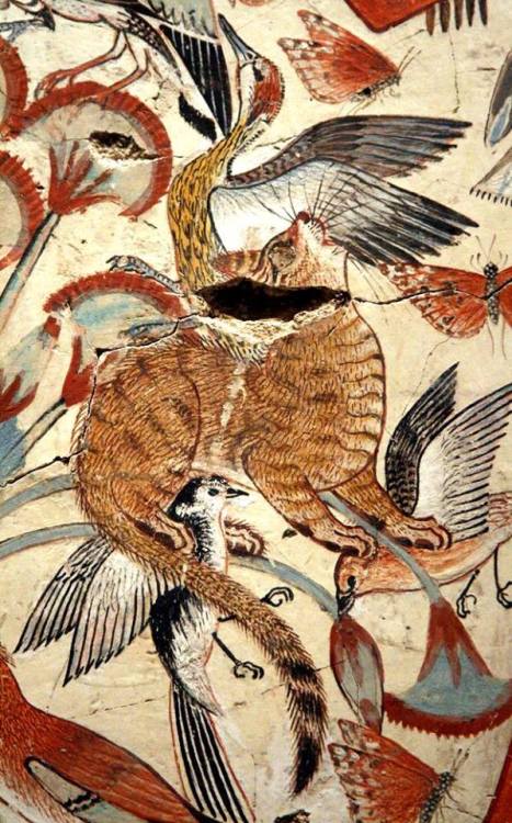 amntenofre:cat catching birds among papyrus stems and butterflies;detail from the hunting scene in
