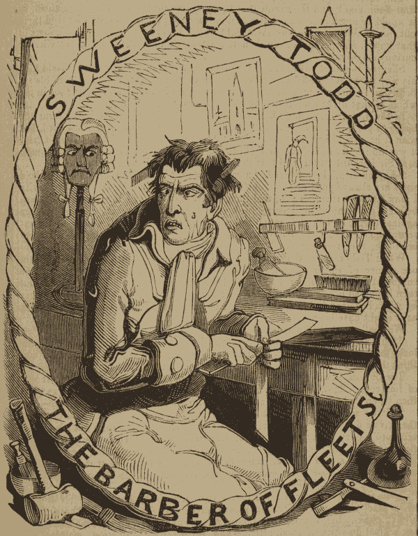 Vintage illustration of Sweeney Todd, The Barber of Fleet Street, depicting a grotesque figure with a blade.