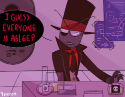 yereren:  Someone on DA gave me the idea of Black Hat being imposible to poison (because he actually enjoys poisonous drinks), so I imagined him at 3:00 am in Flug’s lab stealing his toxic samples like a midnight snack ಠ_ಠ