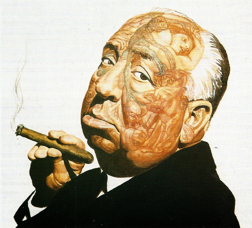 Illustration of Alfred Hitchcock by Josh Kirby. From Josh Kirby: A Cosmic Cornucopia (Collins